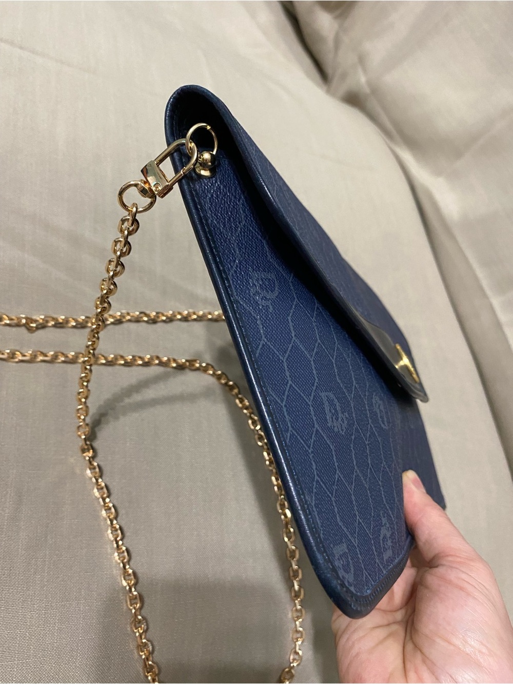 Vintage DIOR Oversized Clutch Bag Wallet Navy Honeycomb Chain Added - Picture 10 of 16